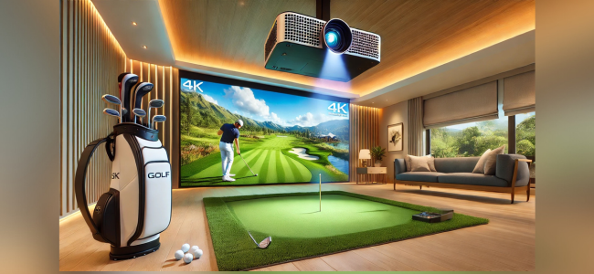 Wat is de beste golfsimulator beamer voor thuis? Je ziet hier een gegenereerde afbeelding met een vergrote beamer in gebruik voor een golfsimulator