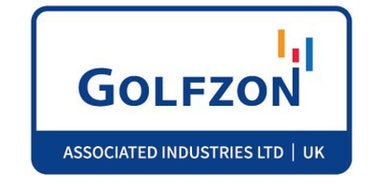 Hier wordt het logo van Golfzon, fabrikant en bekend merk van golfsimulatoren, getoond.