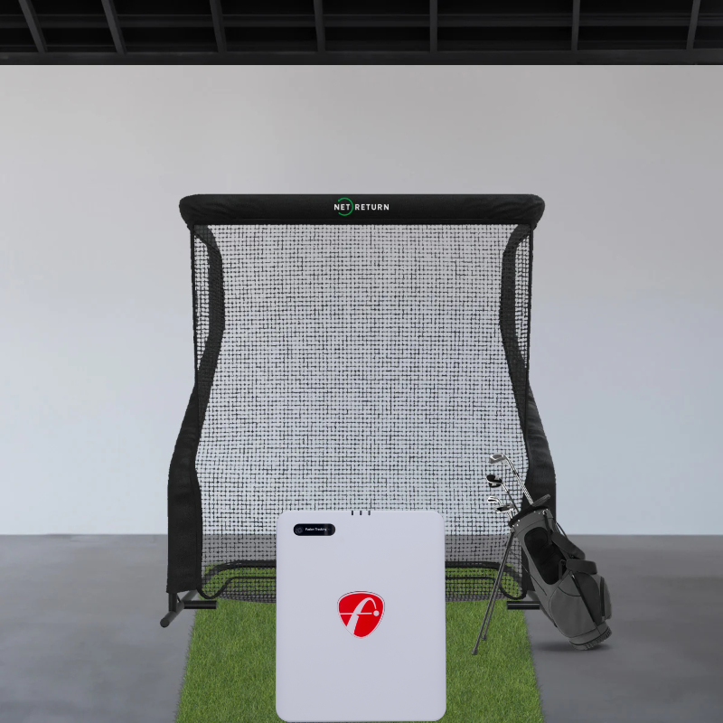 Golfnet en Mevo Gen2 vooraanzicht beide met grijze achtergrond
