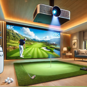 Wat is de beste golfsimulator beamer voor thuis? Je ziet hier een gegenereerde afbeelding met een vergrote beamer in gebruik voor een golfsimulator