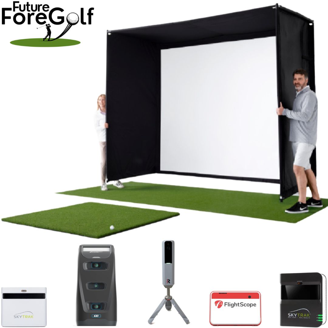 Golfsimulatoren voor thuis HomeCourse Pro 180 screen met totaal pakket van launchmonitor, projector en turf/slagmat