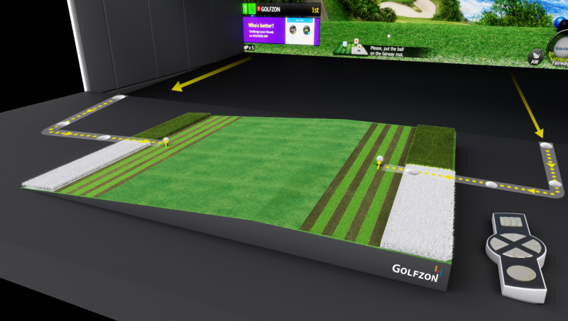 Golfzon x FutureForeGolf T2 simulator. Verschillende oppervlaktes om af te slaan en de automatische Tee Up die wordt uitgelegd