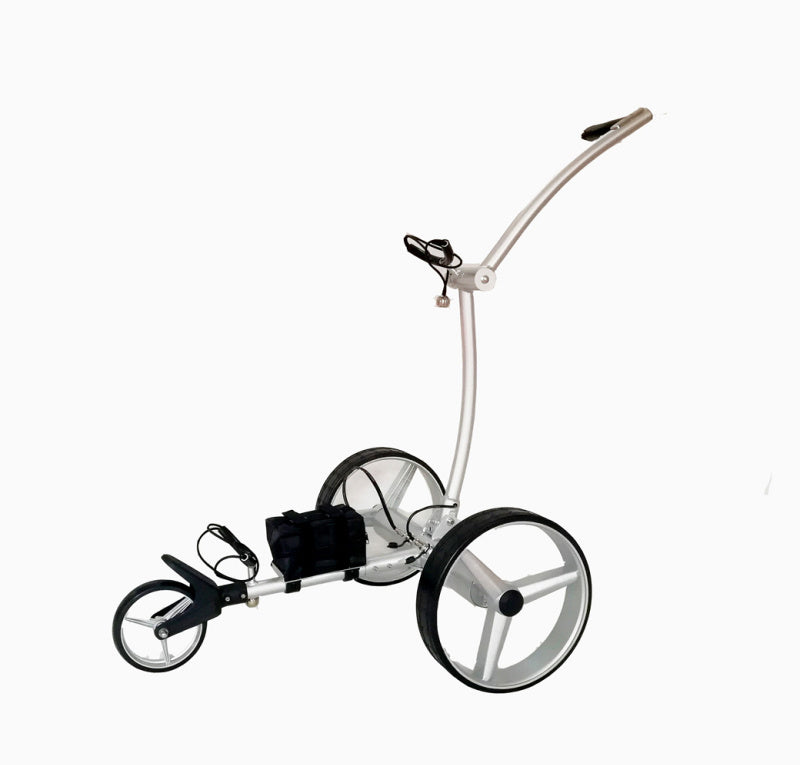 Golf&More Birdie Elektrische Golftrolley zilver uitgeklapt zij aanzicht witte achtergrond