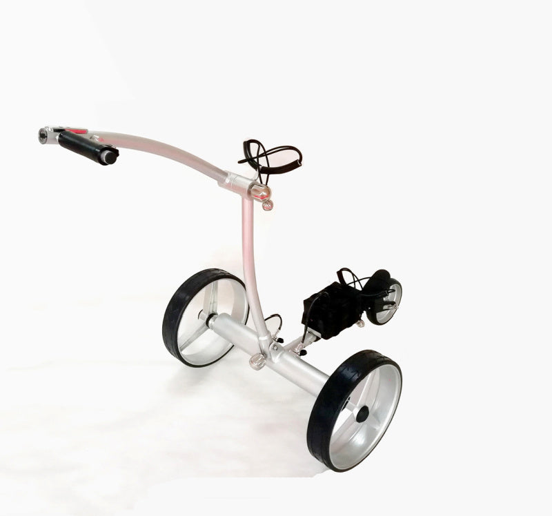 Golf&More Birdie Elektrische Golftrolley zilver uitgeklapt schuin achterzicht