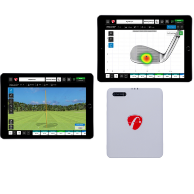 Flightscope mevo Gen 2 met twee ipads die de combideal van de pro package en de face impact location weergeven