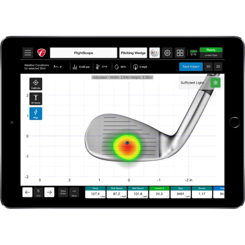 Face Impact location weergegeven op een Ipad met witte achtergrond zie je de heatmap en het moment van raken op je golfclub