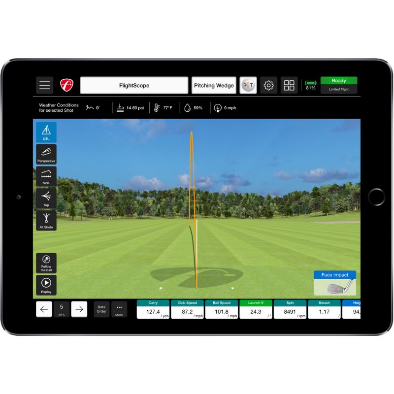 Face Impact location weergegeven op een Ipad met witte achtergrond zie je de boog van de golfbal