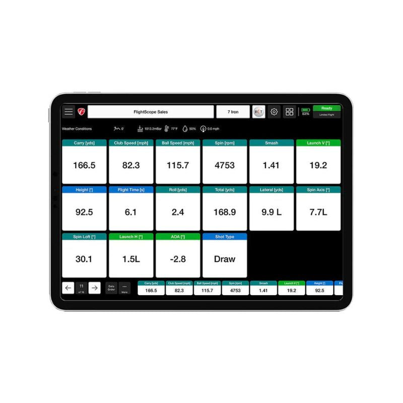 Flightscope Mevo+ Launch Monitor 2024 gegevens weergeven op iPad