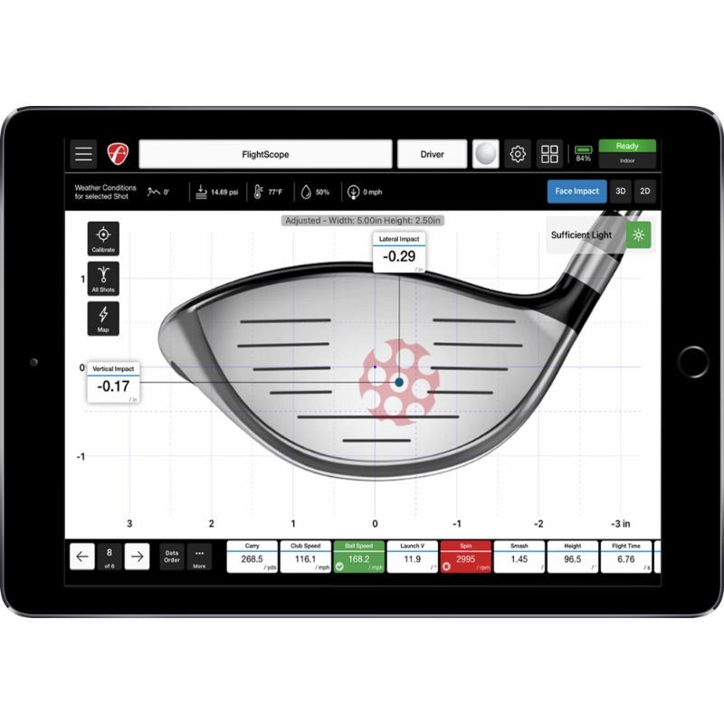 Flightscope Mevo Gen 2 op een ipad de face impact location weergegeven