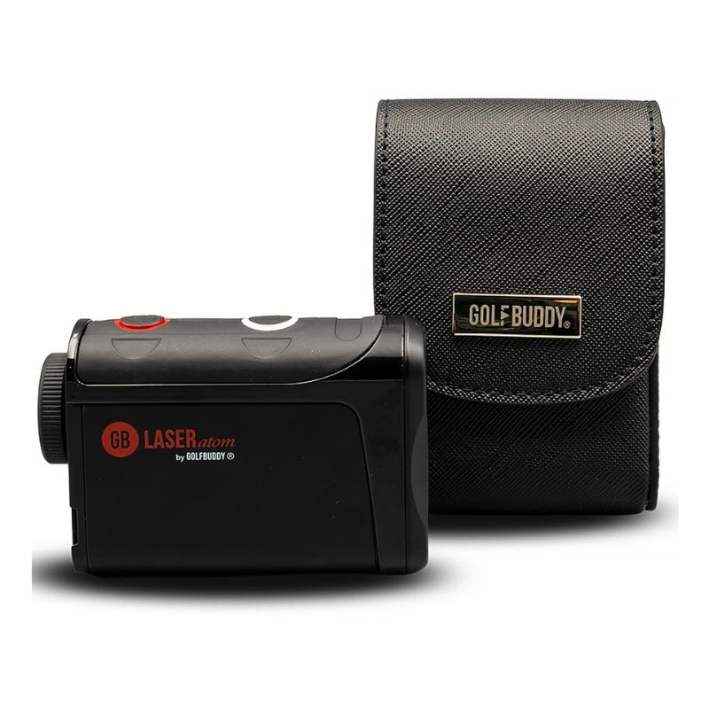 GolfBuddy Rangefinder Atom zwart met hoes erbij, witte achtergrond van de foto