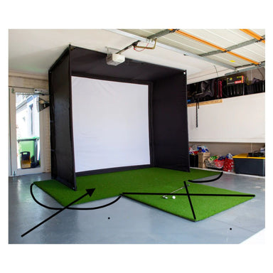Golf Putting Green voor indoor golfsimulator 24/7 golf schuin vooraanzicht met een duidelijke aanduiding dat het alleen om de verkoop van de putting green gaat en dat de klant duidelijk ziet wat de indoor putting green voor de thuis golfsimulatie is.