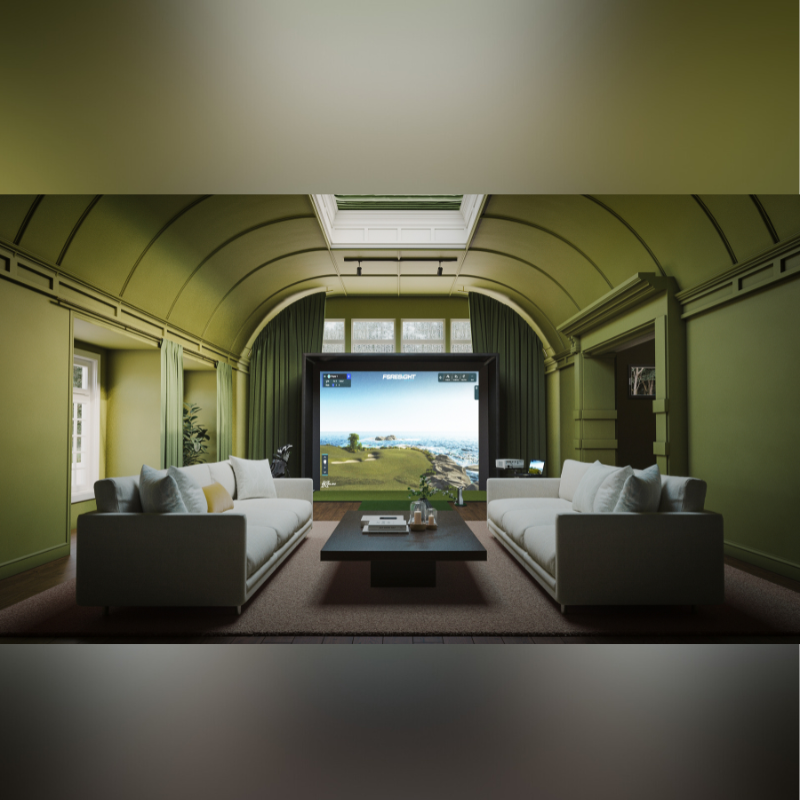 Indoor Golfsimulatie gehele set-up van Foresightsports met een GC Hawk in de woonkamer van een huis. 