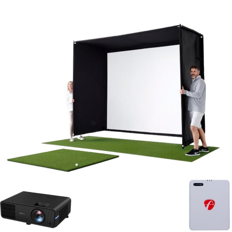 Golf Simulator Flightscope Mevo Gen 2   vooraanzicht slagkooi, putting green, slagmat, launch monitor en logo van FutureForeGolf