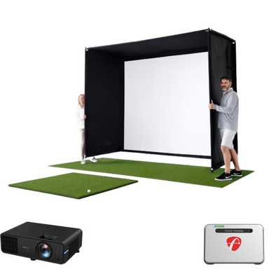 Golf Simulator Flightscope Mevo+  vooraanzicht slagkooi, putting green, slagmat, launch monitor en logo van FutureForeGolf