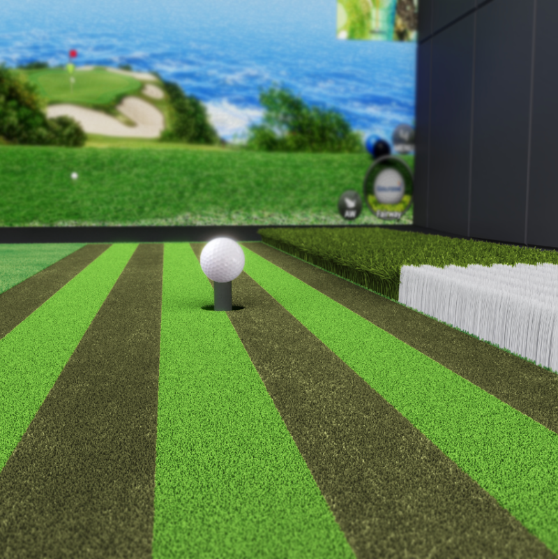 In deze afbeelding wordt de Golfsimulator van Golfzon weergegeven waarin er is ingezoomd op de tee, die de automatische tee up weergeeft