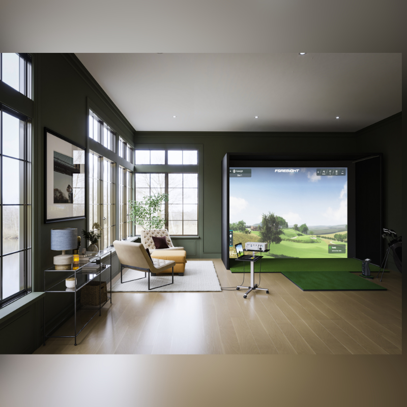 Indoor Golfsimulatie gehele set-up van Foresightsports met een GC3 in de bovenkamer.