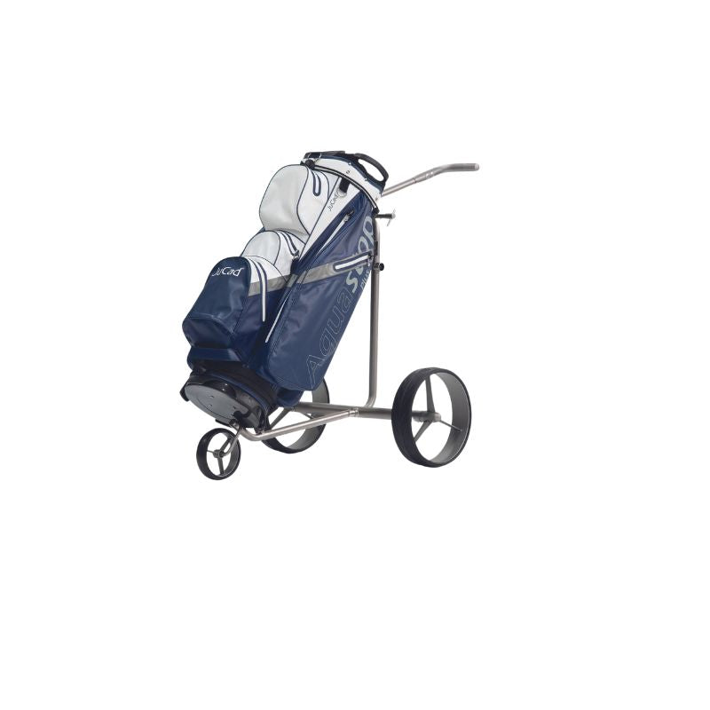 JuCad Aquastop Plus Golftas Wit-Donkerblauw op golftrolley witte achtergrond