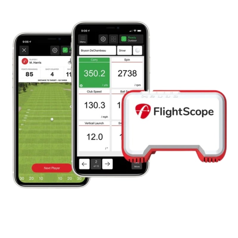 Flightscope Mevo Launchmonitor met telefoon erbij die gegevens laat zien