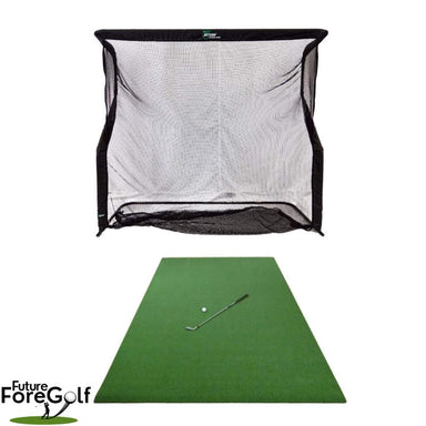 The Net Return Pro Series V2 Large en Pro Turf Golfmat voorkant beide producten met logo FutureForeGolf en witte achtegrond