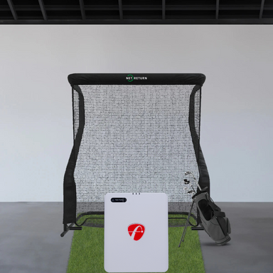 Golfnet en Mevo Gen2 vooraanzicht beide met grijze achtergrond