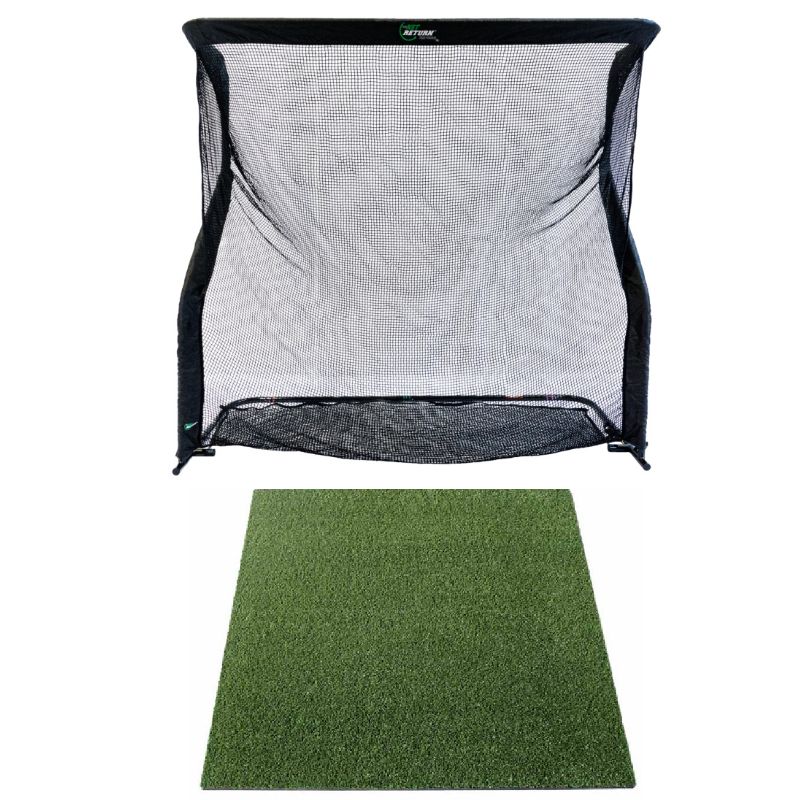 Golfnet The Net Return en Golfmat Premium vooraanzicht witte achtergrond.