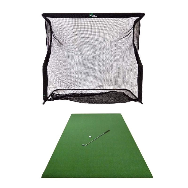 The Net Return Pro Series V2 Large en Pro Turf Golfmat met witte achtergrond.